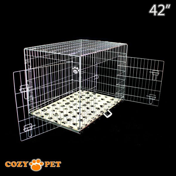 42" Cozy Pet Dog Cage in Silver (Zinc Coated) with Tailored Vet Bed and Metal Tray - DC42S + VB42C