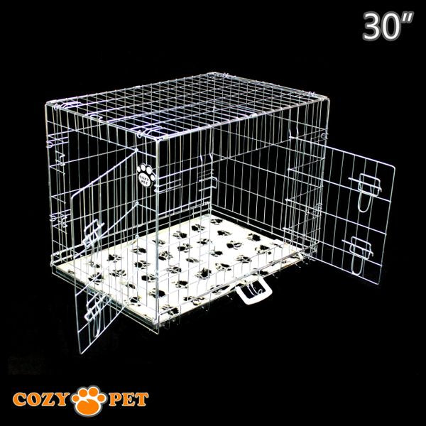 30" Cozy Pet Dog Cage in Silver (Zinc Coated) with Tailored Vet Bed and Metal Tray - DC30S + VB30C