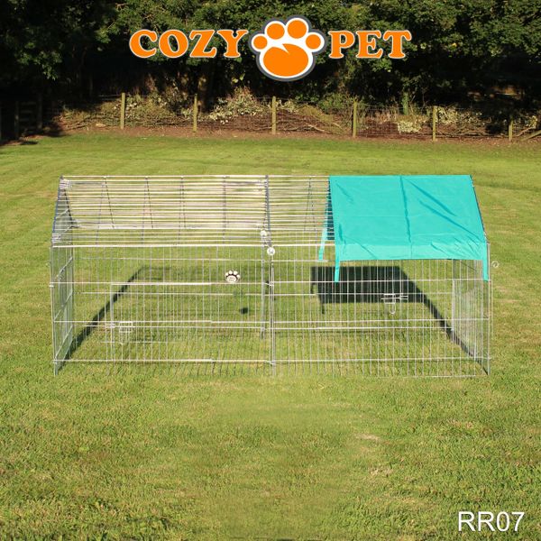 Rabbit Run with Pitched Roof and Sunshade 2.2m Long by Cozy Pet Rectangular Galvanised Model RR07