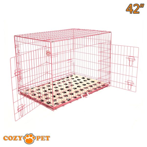 42" Cozy Pet Dog Cage in Pink with Tailored Vet Bed and Metal Tray - DC42P + VB42C