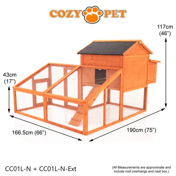 Chicken Coop, New L Size with Run Extension, by Cozy Pet, Hen House Poultry Rabbit Hutch Model CC01L-N + Ext