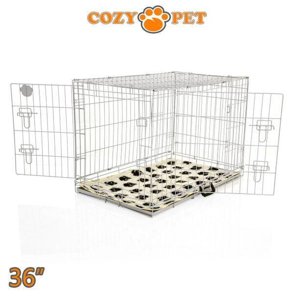 36" Cozy Pet Dog Cage in Light Grey with Taylored Vet Bedding and Metal Tray - DC36G + VB36C