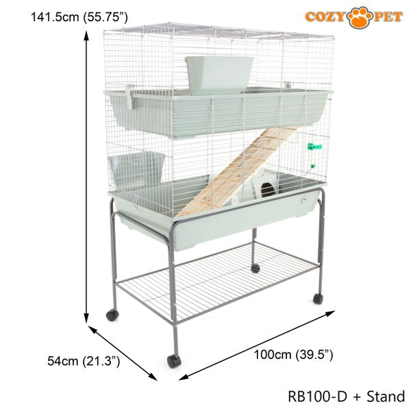 Rabbit Guinea Pig Indoor Cage 2-Tier with Stand by Cozy Pet 100cm for Rat, Chinchilla, Small Animals Hutch Model: RB100-D + RB100-ST