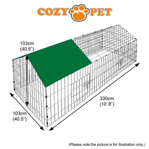 Rabbit Run with Pitched Roof and Sunshade 3.3m Long by Cozy Pet Rectangular Galvanised Model RR08