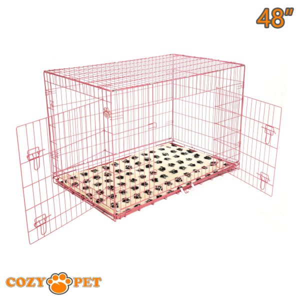 48" Dog Cage in Pink by Cozy Pet with Taylored Vet Bedding and a Metal Tray - DC48P + VB48C