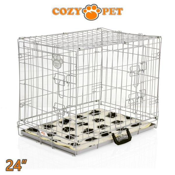 24" Cozy Pet Dog Cage in Light Grey with Taylored Vet Bedding and Metal Tray - DC24G + VB24C