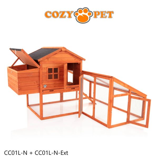 Chicken Coop, New L Size with Run Extension, by Cozy Pet, Hen House Poultry Rabbit Hutch Model CC01L-N + Ext