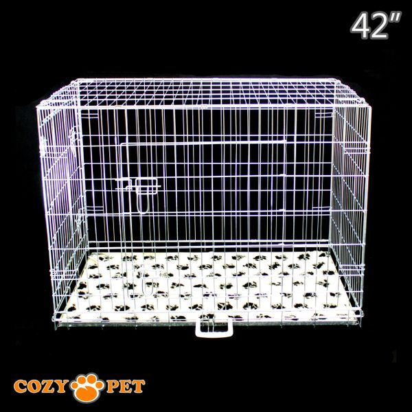 42" Cozy Pet Dog Cage in Silver (Zinc Coated) with Tailored Vet Bed and Metal Tray - DC42S + VB42C