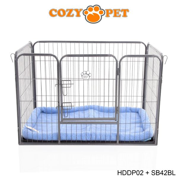 Heavy Duty Playpen with ABS Tray 70cm Tall and Blue Faux Sheepskin Bed by Cozy Pet Model HDDP02 + SB42BL