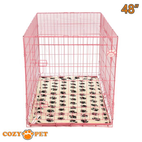 48" Dog Cage in Pink by Cozy Pet with Taylored Vet Bedding and a Metal Tray - DC48P + VB48C