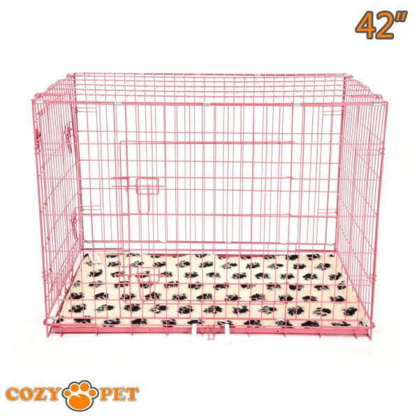 42" Cozy Pet Dog Cage in Pink with Tailored Vet Bed and Metal Tray - DC42P + VB42C