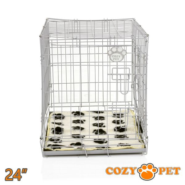 24" Cozy Pet Dog Cage in Light Grey with Taylored Vet Bedding and Metal Tray - DC24G + VB24C