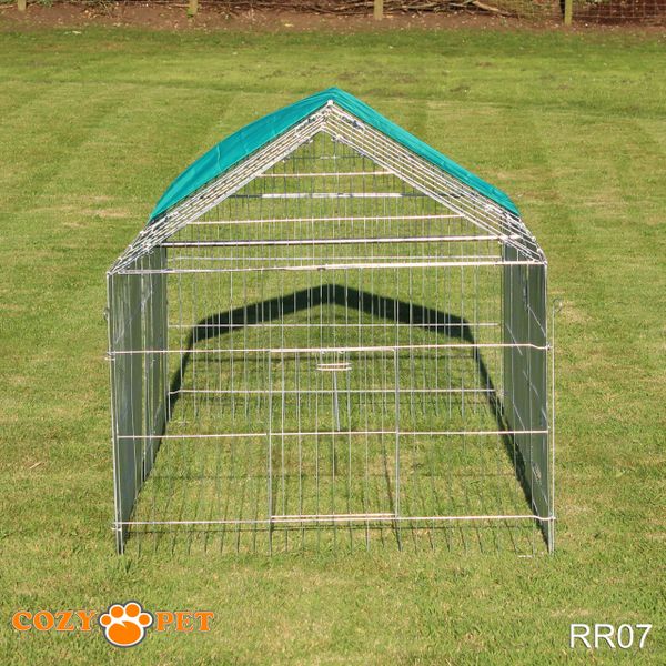 Rabbit Run with Pitched Roof and Sunshade 2.2m Long by Cozy Pet Rectangular Galvanised Model RR07