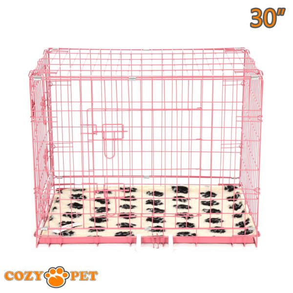 30" Cozy Pet Dog Cage in Pink with Tailored Vet Bedding and Metal Tray - DC30P + VB30C