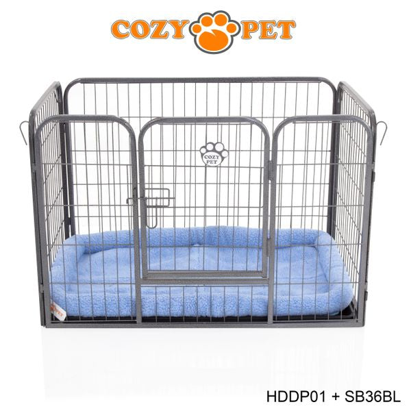 Heavy Duty Playpen with ABS Tray 61cm Tall and Blue Faux Sheepskin Bed by Cozy Pet Model HDDP01 + SB36BL