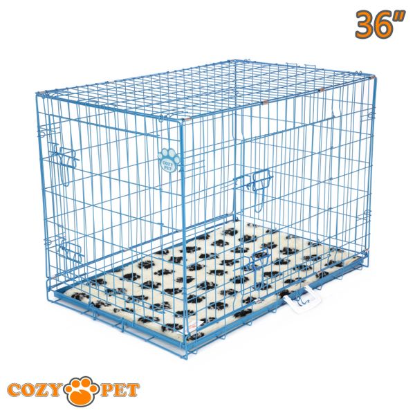 Dog Cage 36" in Blue by Cozy Pet with Taylored Vet Bedding and Metal Tray - DC36BL + VB36C