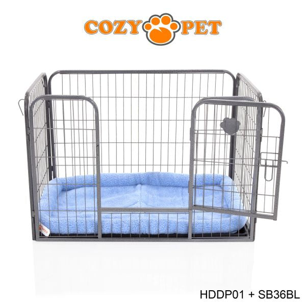 Heavy Duty Playpen with ABS Tray 61cm Tall and Blue Faux Sheepskin Bed by Cozy Pet Model HDDP01 + SB36BL