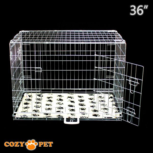 36" Cozy Pet Dog Cage in Silver (Zinc Coated) with Tailored Vet Bedding and Metal Tray - DC36S