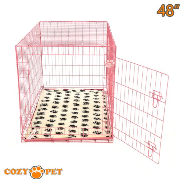 48" Dog Cage in Pink by Cozy Pet with Taylored Vet Bedding and a Metal Tray - DC48P + VB48C