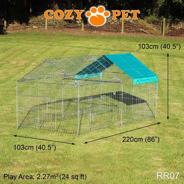 Rabbit Run with Pitched Roof and Sunshade 2.2m Long by Cozy Pet Rectangular Galvanised Model RR07