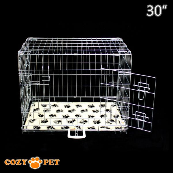 30" Cozy Pet Dog Cage in Silver (Zinc Coated) with Tailored Vet Bed and Metal Tray - DC30S + VB30C