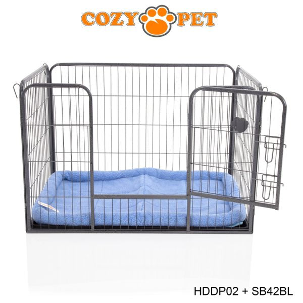 Heavy Duty Playpen with ABS Tray 70cm Tall and Blue Faux Sheepskin Bed by Cozy Pet Model HDDP02 + SB42BL