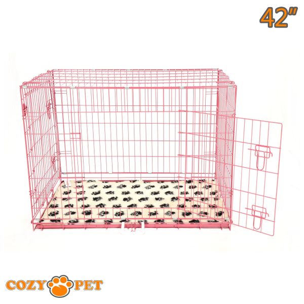 42" Cozy Pet Dog Cage in Pink with Tailored Vet Bed and Metal Tray - DC42P + VB42C