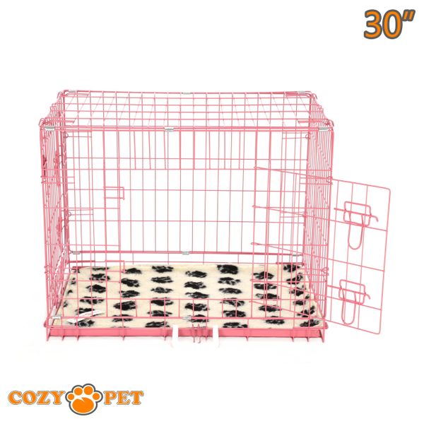 30" Cozy Pet Dog Cage in Pink with Tailored Vet Bedding and Metal Tray - DC30P + VB30C