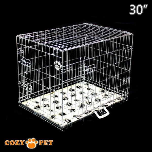 30" Cozy Pet Dog Cage in Silver (Zinc Coated) with Tailored Vet Bed and Metal Tray - DC30S + VB30C