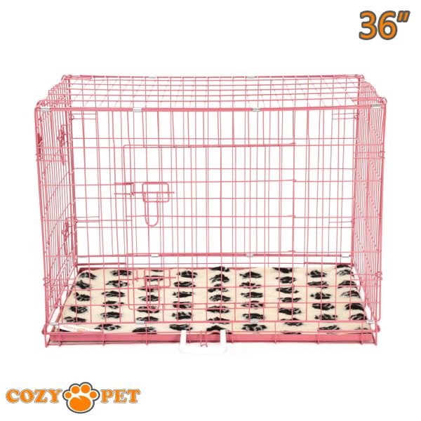 Dog Cage 36" in Pink by Cozy Pet with Taylored Vet Bedding and Metal Tray - DC36P + VB36C