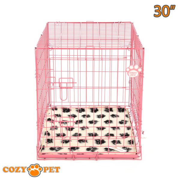 30" Cozy Pet Dog Cage in Pink with Tailored Vet Bedding and Metal Tray - DC30P + VB30C