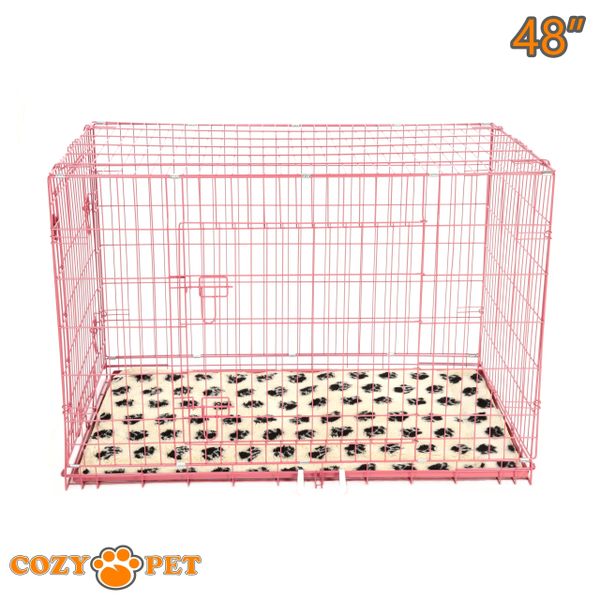 48" Dog Cage in Pink by Cozy Pet with Taylored Vet Bedding and a Metal Tray - DC48P + VB48C