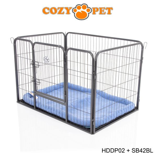 Heavy Duty Playpen with ABS Tray 70cm Tall and Blue Faux Sheepskin Bed by Cozy Pet Model HDDP02 + SB42BL