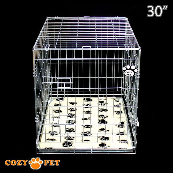 30" Cozy Pet Dog Cage in Silver (Zinc Coated) with Tailored Vet Bed and Metal Tray - DC30S + VB30C