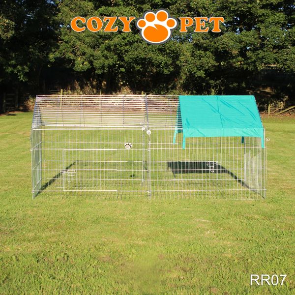 Rabbit Run with Pitched Roof and Sunshade 2.2m Long by Cozy Pet Rectangular Galvanised Model RR07