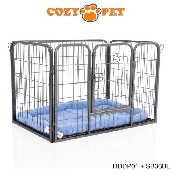 Heavy Duty Playpen with ABS Tray 61cm Tall and Blue Faux Sheepskin Bed by Cozy Pet Model HDDP01 + SB36BL