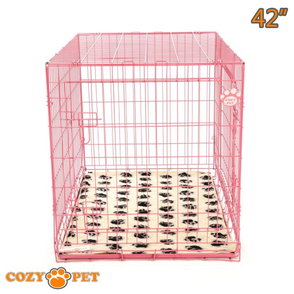 42" Cozy Pet Dog Cage in Pink with Tailored Vet Bed and Metal Tray - DC42P + VB42C