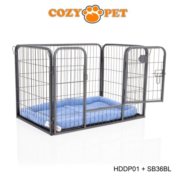 Heavy Duty Playpen with ABS Tray 61cm Tall and Blue Faux Sheepskin Bed by Cozy Pet Model HDDP01 + SB36BL