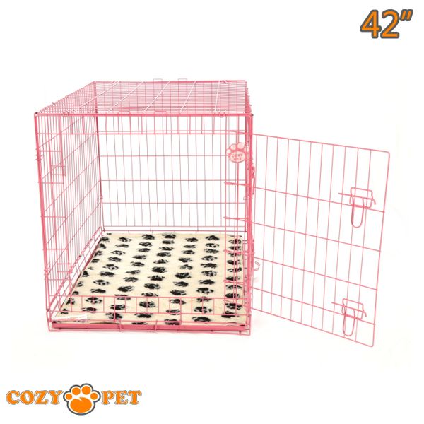 42" Cozy Pet Dog Cage in Pink with Tailored Vet Bed and Metal Tray - DC42P + VB42C