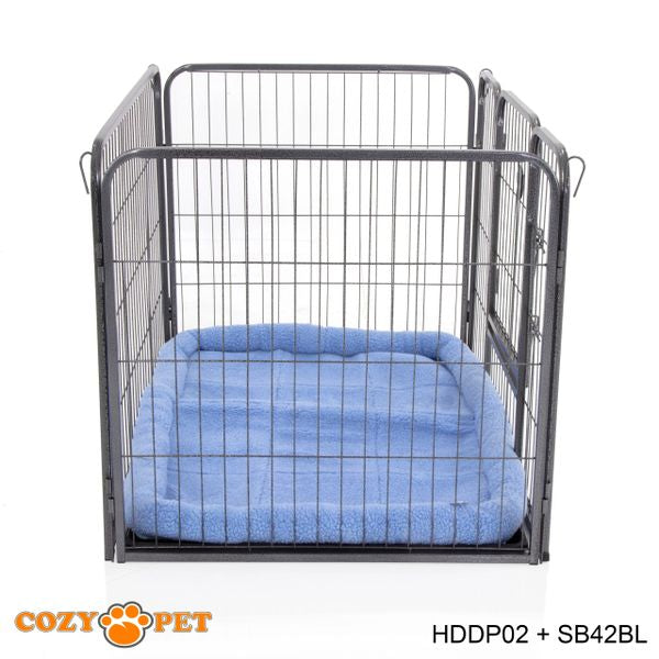 Heavy Duty Playpen with ABS Tray 70cm Tall and Blue Faux Sheepskin Bed by Cozy Pet Model HDDP02 + SB42BL