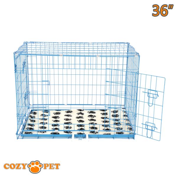 Dog Cage 36" in Blue by Cozy Pet with Taylored Vet Bedding and Metal Tray - DC36BL + VB36C