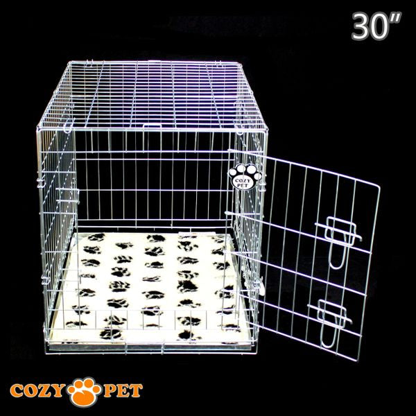 30" Cozy Pet Dog Cage in Silver (Zinc Coated) with Tailored Vet Bed and Metal Tray - DC30S + VB30C