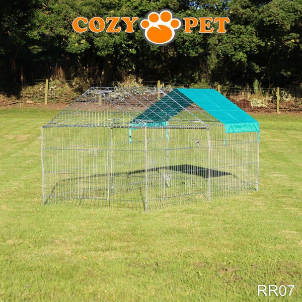 Rabbit Run with Pitched Roof and Sunshade 2.2m Long by Cozy Pet Rectangular Galvanised Model RR07