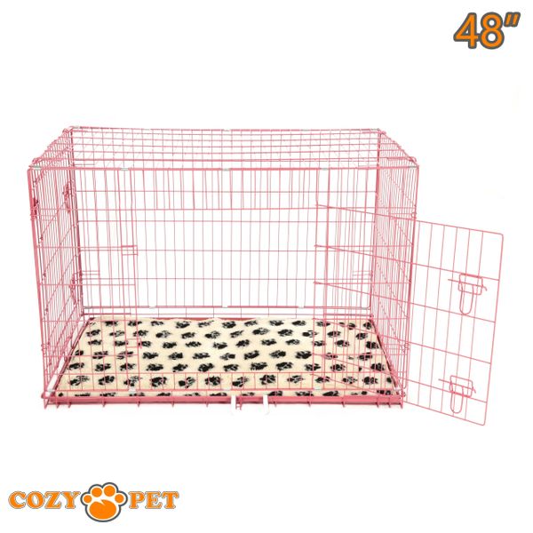 48" Dog Cage in Pink by Cozy Pet with Taylored Vet Bedding and a Metal Tray - DC48P + VB48C