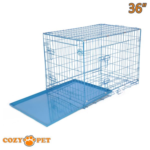 Dog Cage 36" in Blue by Cozy Pet with Taylored Vet Bedding and Metal Tray - DC36BL + VB36C