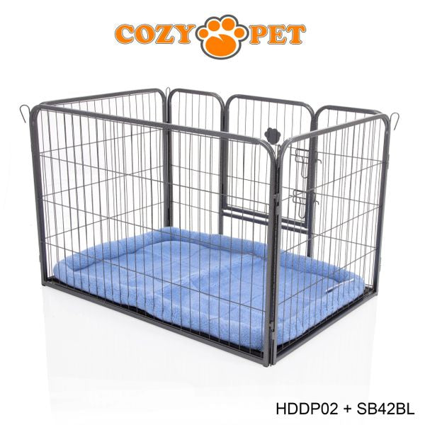 Heavy Duty Playpen with ABS Tray 70cm Tall and Blue Faux Sheepskin Bed by Cozy Pet Model HDDP02 + SB42BL