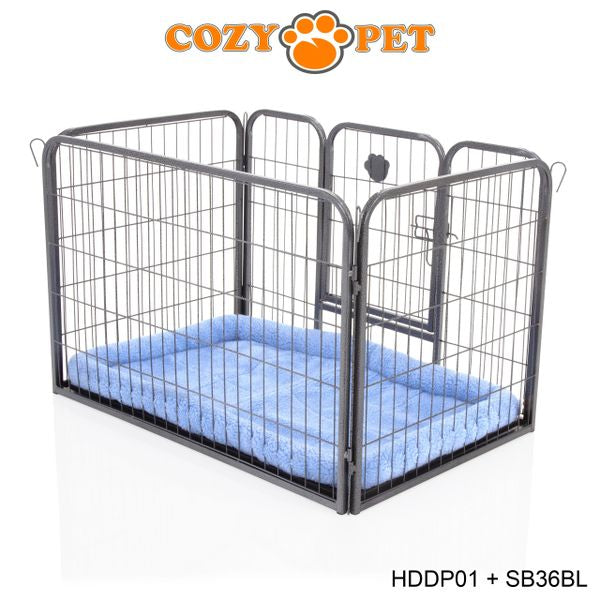 Heavy Duty Playpen with ABS Tray 61cm Tall and Blue Faux Sheepskin Bed by Cozy Pet Model HDDP01 + SB36BL