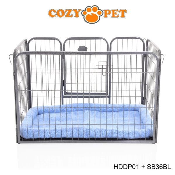 Heavy Duty Playpen with ABS Tray 61cm Tall and Blue Faux Sheepskin Bed by Cozy Pet Model HDDP01 + SB36BL