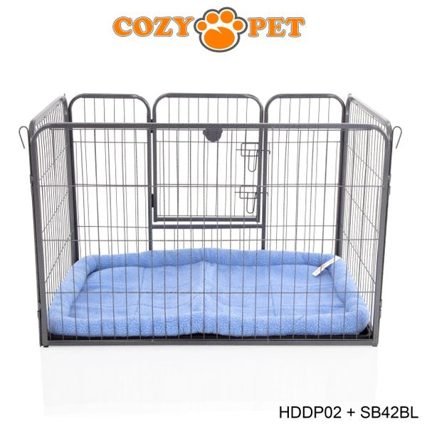 Heavy Duty Playpen with ABS Tray 70cm Tall and Blue Faux Sheepskin Bed by Cozy Pet Model HDDP02 + SB42BL