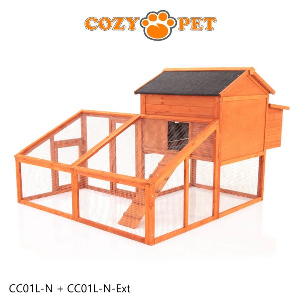 Chicken Coop, New L Size with Run Extension, by Cozy Pet, Hen House Poultry Rabbit Hutch Model CC01L-N + Ext